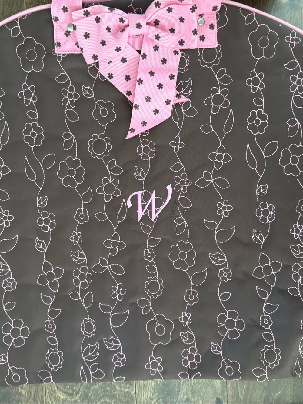 Embroidered Floral Brown Garment Bag with Pink Accents - Monogram W